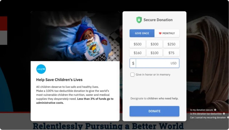 Modal overlay donation checkout as seen on UNICEF USA